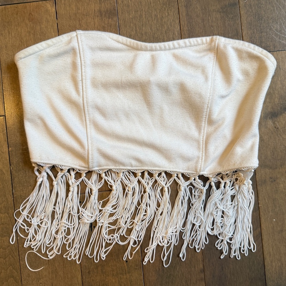 Forever 21 Cream Strapless Fringe Top